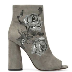 DONALD PLINER Floral Embellished Booties Grey Suede Open Peep Toe
